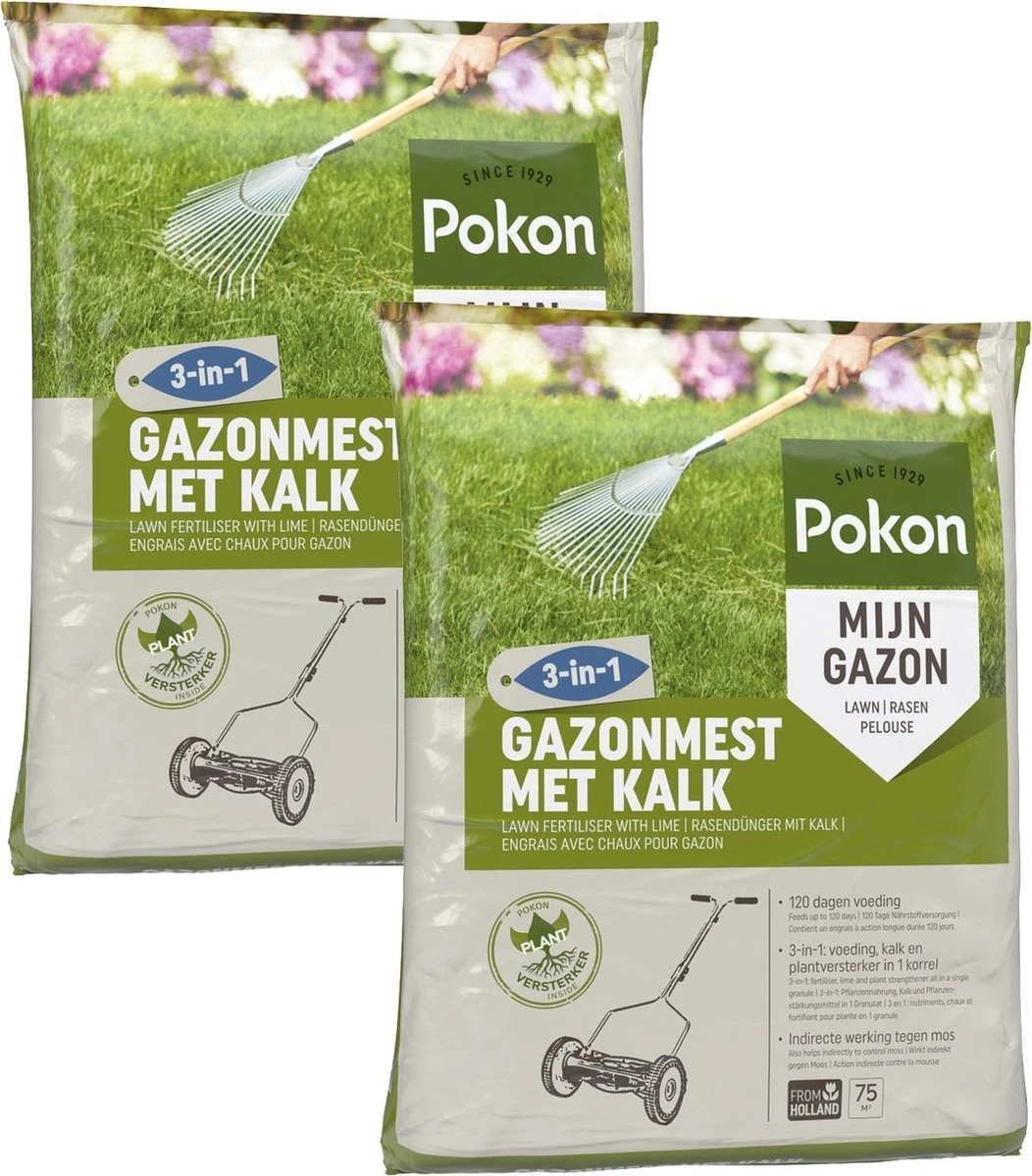 Pokon Gazonmest Met Kalk - 2 X 5kg - Mest - Geschikt Voor 2 X 75m² - 120 Dagen Voeding - Voordeelverpakking
